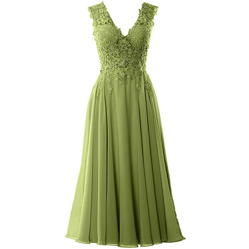 Tea length Green Mother of the Bride Dresses 2021  V Neck Chiffon Lace Floor Length Elegant