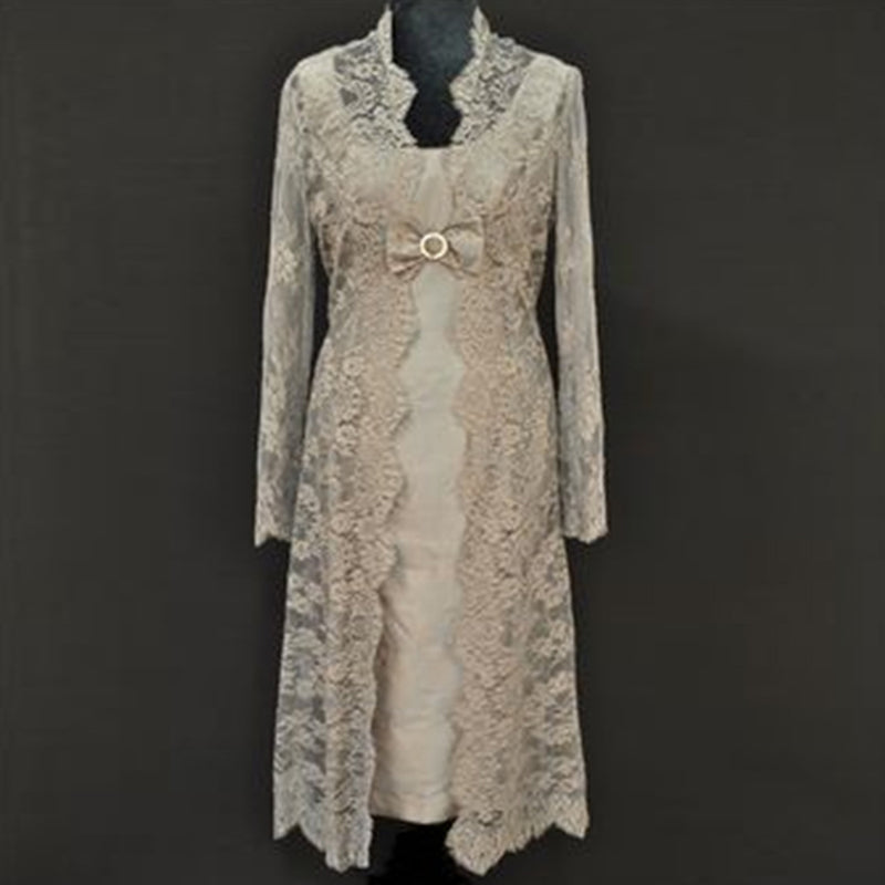 Vintage Mother of the Bride Dresses 2021 Lace Tea Length Satin Long Sl – AnnaCustomDress