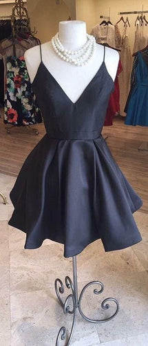 Black Homecoming Dress 2021 A Line V Neck Spaghetti Strap Sleeveless Short / Mini Satin Party Dress