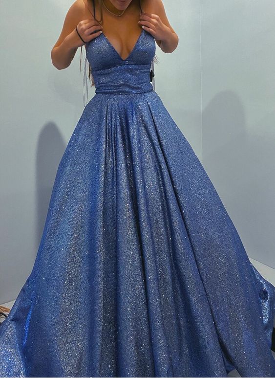 Blue Prom Dress 2022 Spaghetti Straps Glitter Ball Gown 6 / Custom Color Blue Prom Dress 2022 Spaghetti Straps Glitter Ball Gown 6 / Custom Color