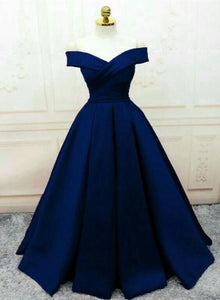 Blue Prom Dress 2022 Off the Shoulder Ball Gown Satin Prom Dresses