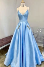 Load image into Gallery viewer, Blue Prom Dress 2022 Spaghetti Straps Long with Beaded Pockets