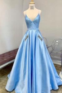 Blue Prom Dress 2022 Spaghetti Straps Long with Beaded Pockets