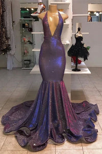 Unique Prom Dress 2023 Mermaid Sexy Halter Neck Plunging Glitter with Pleats