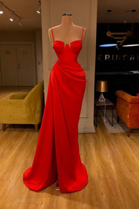 Red Prom Dress 2023 Mermaid Spaghetti Straps Draping Satin with Slit