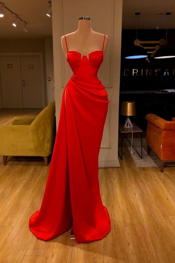 Red Prom Dress 2023 Mermaid Spaghetti Straps Draping Satin with Slit