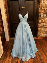 Load image into Gallery viewer, Unique Prom Dress 2023 A-line V Neck Spaghetti Straps Sequin with Pleats