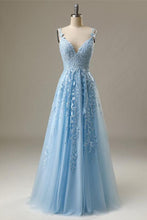 Load image into Gallery viewer, Blue Prom Dress 2023 Straps Tulle with Pleats Appliques