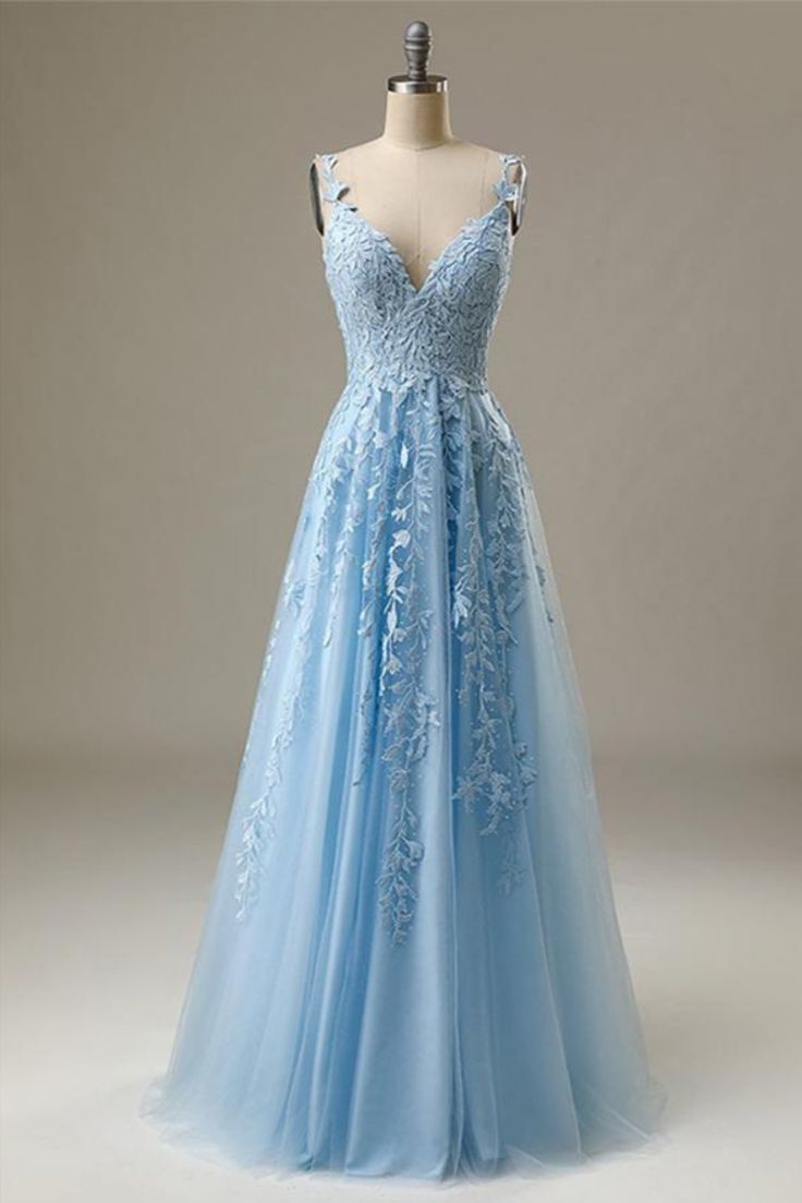 Blue Prom Dress 2023 Straps Tulle with Pleats Appliques