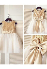 Load image into Gallery viewer, Bronze Gold Sequin Ivory Tulle Flower Girl Dress with Big Satin Bow