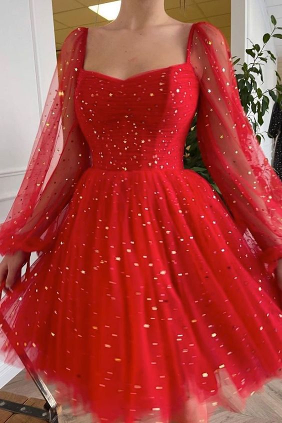 Red Homecoming Dress 2021 A Line Long Sleeve Knee Length Sequin Party Dress Tulle