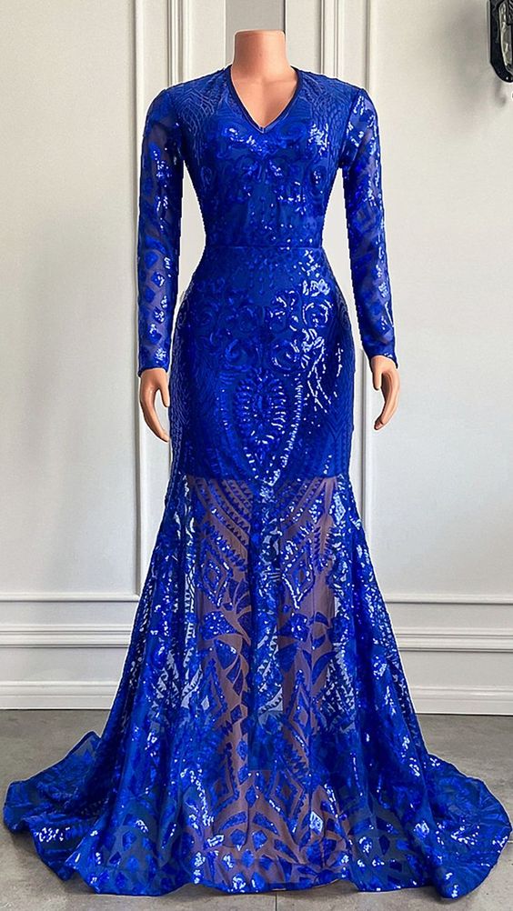 Royal Blue Prom Dress 2023 V Neck Long Sleeves Sequin