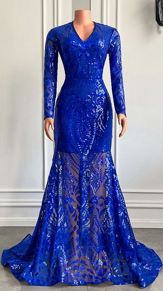 chinese dress ladies Royal Blue See Through Lace Long Sleeve V-neck High Low Prom Dresses , –  AlineBridal main image 0