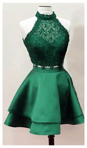 Green Homecoming Dress 2021 A Line Sleeveless Halter Neck Two Piece Short Lace Satin Illusion Summer