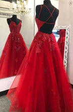 Load image into Gallery viewer, Red Prom Dress 2023 A-line V Neck Spaghetti Straps Crisscross Back Tulle with Appliques