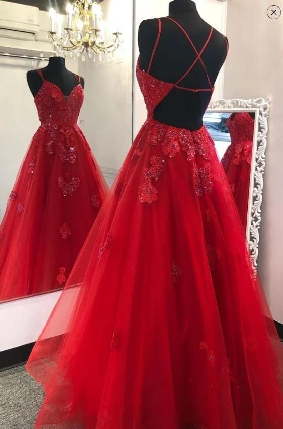 Red Prom Dress 2023 A-line V Neck Spaghetti Straps Crisscross Back Tulle with Appliques