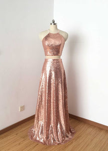 Trendy Prom Dress 2023 Two Piece A-line Pink Halter Neck Glitter with Pleats Spakle&Shine