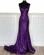 Load image into Gallery viewer, Purple Prom Dress 2023 Mermaid V Neck Spaghetti Straps Sequin with Slit