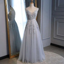 Load image into Gallery viewer, Dusty Blue Prom Dress 2023 Illusion Neck Sleeveless Tulle with Appliques