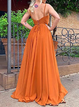 Load image into Gallery viewer, Burnt Orange Chiffon Bridesmaid Dresses Corset Back Adjustable Spaghetti Straps Maxi Dress with Slit