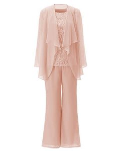 Women 3 Pieces Chiffon Lace Pant Suits Mother of the Bride Dress with Long Sleeves Outfit Jacket