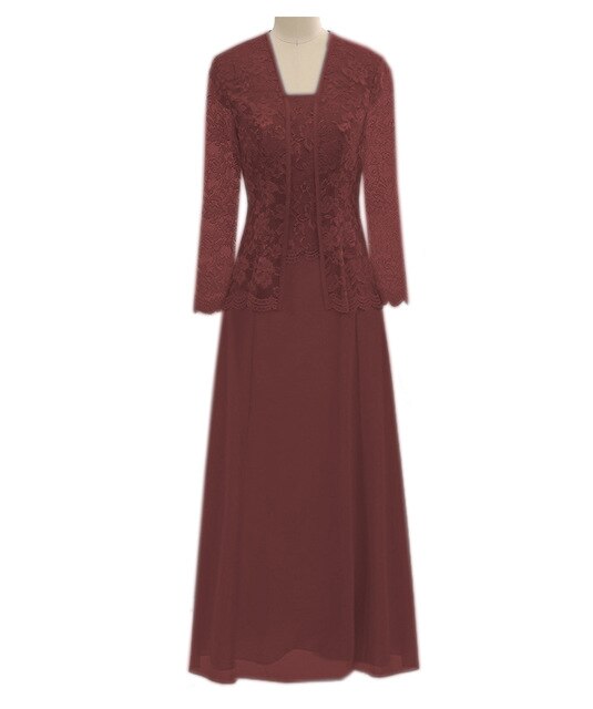 A Line Long Sleeves Lace Cut Out Formal Gown Chiffon Mother Of the Bride Dress With Jacket For Wedding Party 16 / Burgundy
