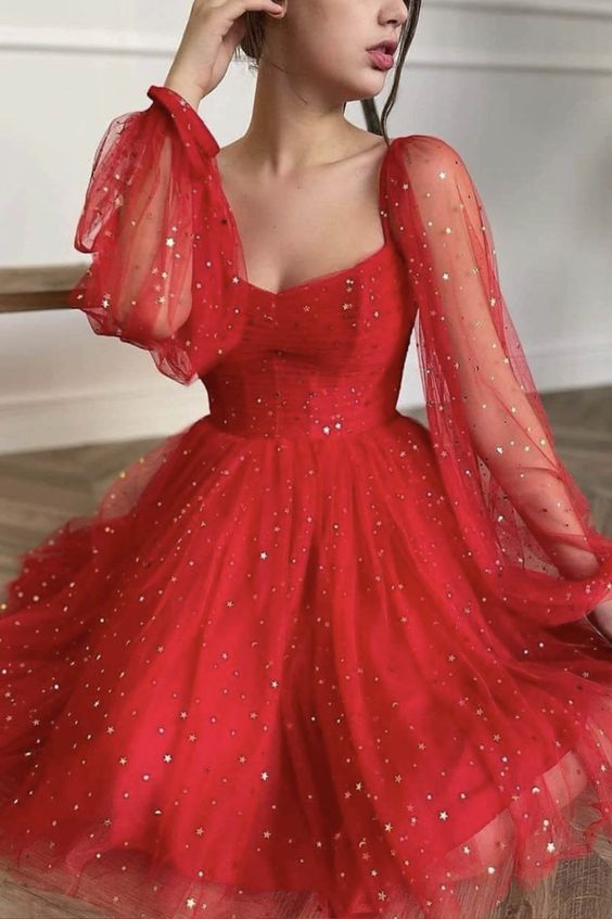 Red Prom Dress 2022 Long bishop sleeves sparkly tulle
