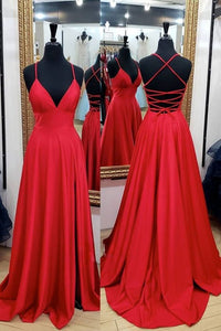 Red Prom Dress 2022 Corset back Slit Taffeta V-neck Long Sleeveless