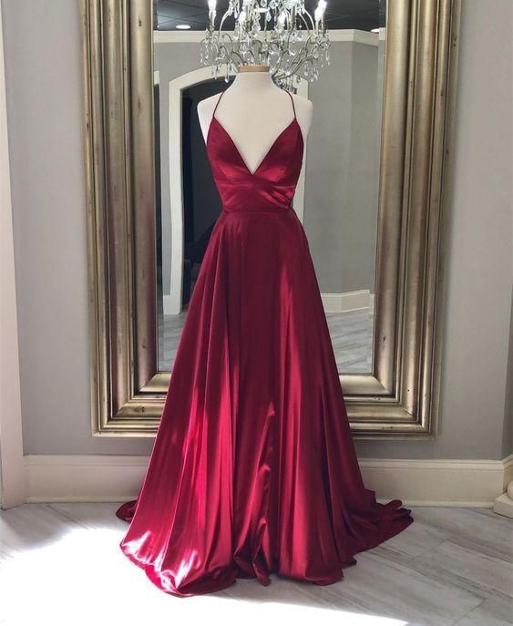 Red Prom Dress 2022 Long V-neck Spaghetti Straps Taffeta