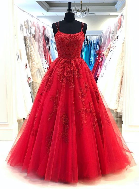 Red Prom Dress 2022 Ball Gown Corset back Long Sleeveless Tulle with lace appliques