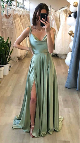 Long Prom Dress 2022 Silk Sage Green Slit Cowl Neck with Slit