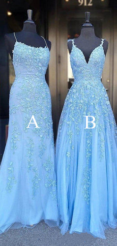 Long Prom Dress 2022 Blue Spaghetti strap with Lace Appliques