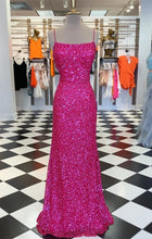 Load image into Gallery viewer, Long Prom Dress 2022 Spaghetti Strap Fuchsia with Sequin