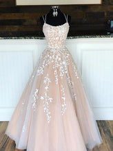 Load image into Gallery viewer, Long Prom Dress 2022 Ball Gown Spaghetti Straps Tulle with Lace Appliques