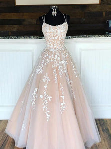 Long Prom Dress 2022 Ball Gown Spaghetti Straps Tulle with Lace Appliques
