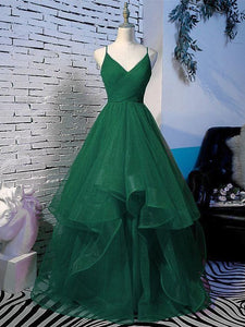 Long Prom Dress 2022 Green Spaghetti Strap Horsehair Hem Tulle with Ruffles
