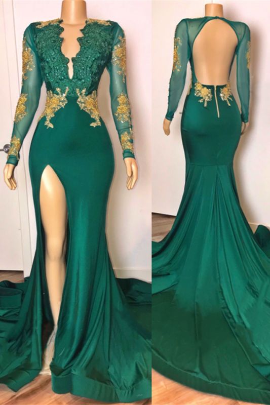 Trendy Prom Dress 2022 Mermaid Beautiful back High Slit Long Sleeves Chiffon with lace appliques
