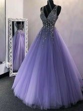 Load image into Gallery viewer, Unique Prom Dress 2022 Deep V-neck Sleeveless Beautiful back Tulle with crystal
