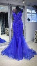 Load image into Gallery viewer, Unique Prom Dress 2022 Mermaid Spaghetti Strap Long Tulle with beading