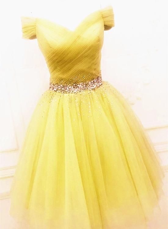 Short Prom Dress 2022 Off-shoulder V-neck Yellow dress with beading