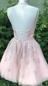 Short Prom Dress 2022 Beautiful back Halter neck Corset back with Lace appliques