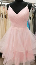 Load image into Gallery viewer, Short Prom Dress 2022 Spaghetti strap V-neck Tulle with Ruched