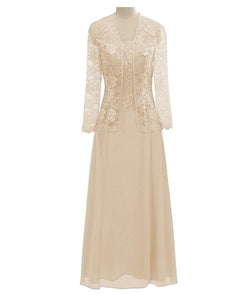 A Line Long Sleeves Lace Cut Out Formal Gown Chiffon Mother Of the Bride Dress With Jacket For Wedding Party