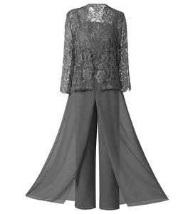 Chiffon Three Pieces Mother Of the Bride Dress Pants Suit With Short Jacket Outfit Elegant Evening Lace For Wedding Party