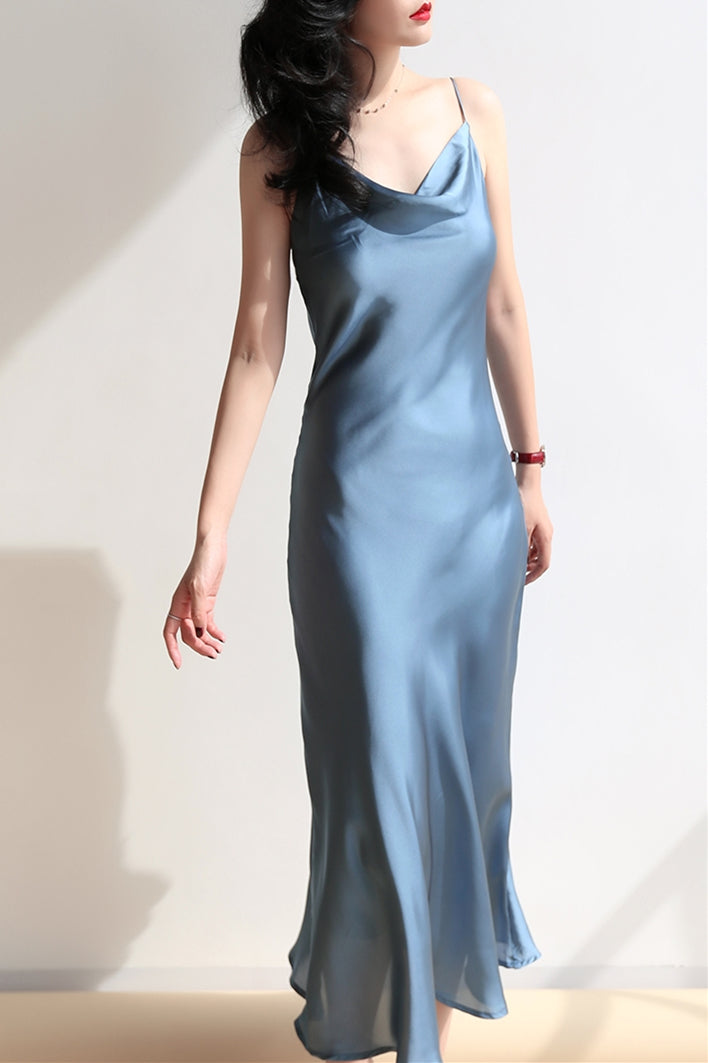 V-Neck Satin Slip Midi Dress Blue
