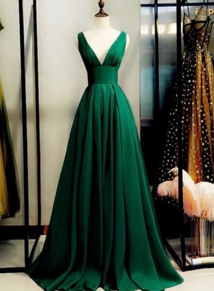 Green Prom Dress 2022 V-Neck Floor Length Satin with Straps Custom Color / 8