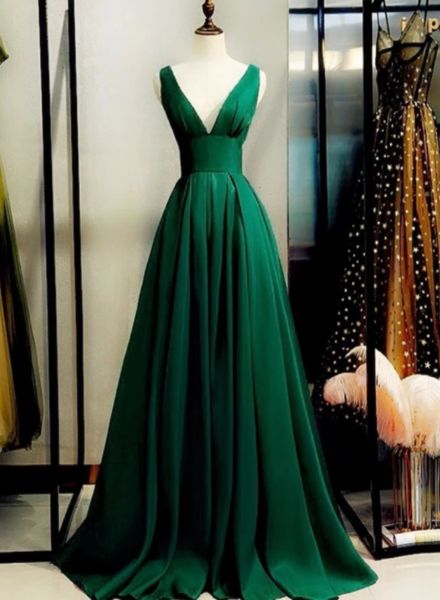Green Prom Dress 2022 V-Neck Floor Length Satin with Straps