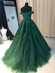 Ball Gown Green Prom Dress 2022 Off-shoulder V-Neck Tulle Lace Appliques
