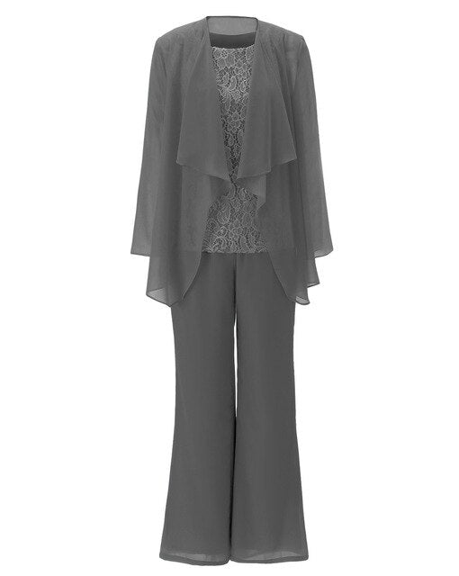 Zapaka Women Grey 3 Piece Mother of the Bride Pant Suits with Lace