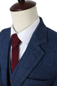 Men's Suits 3 Pieces Tailored Wool Tweed Blue Plaid Herringbone Retro Suits For Men Wedding